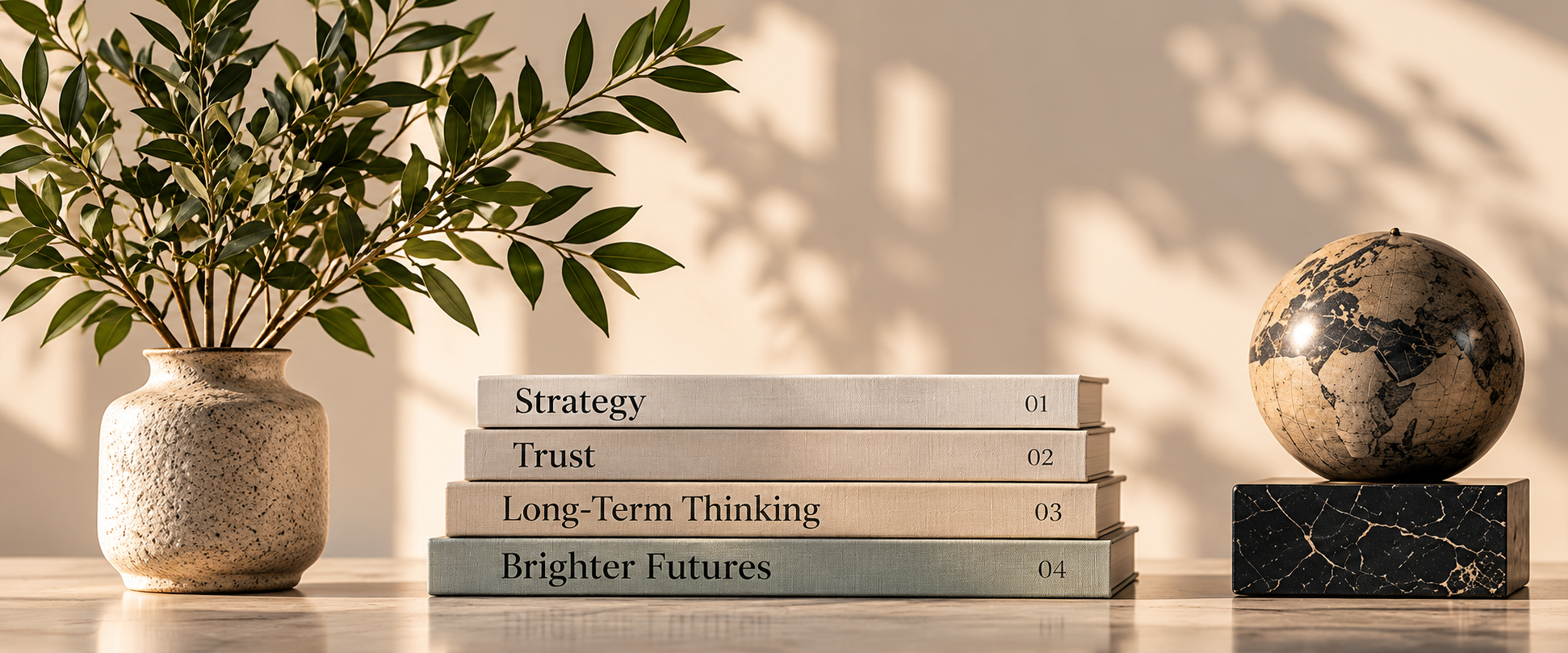Books labelled Strategy, Trust, Long-Term Thinking and Brighter Futures