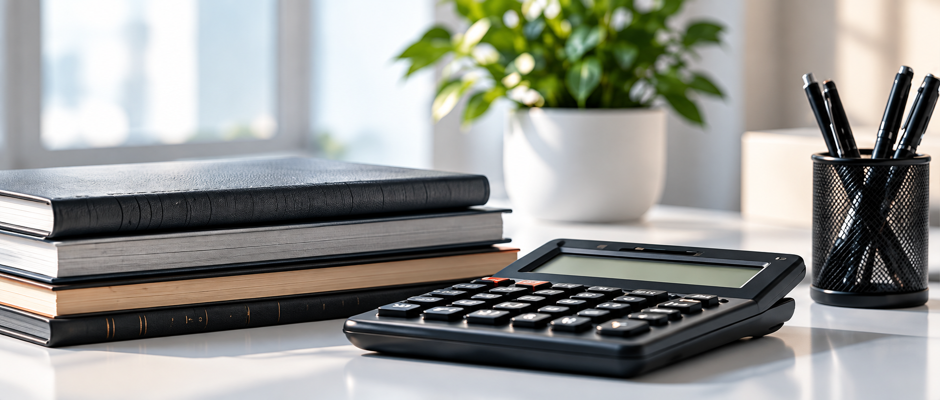 Calculator and accounting books on a desk