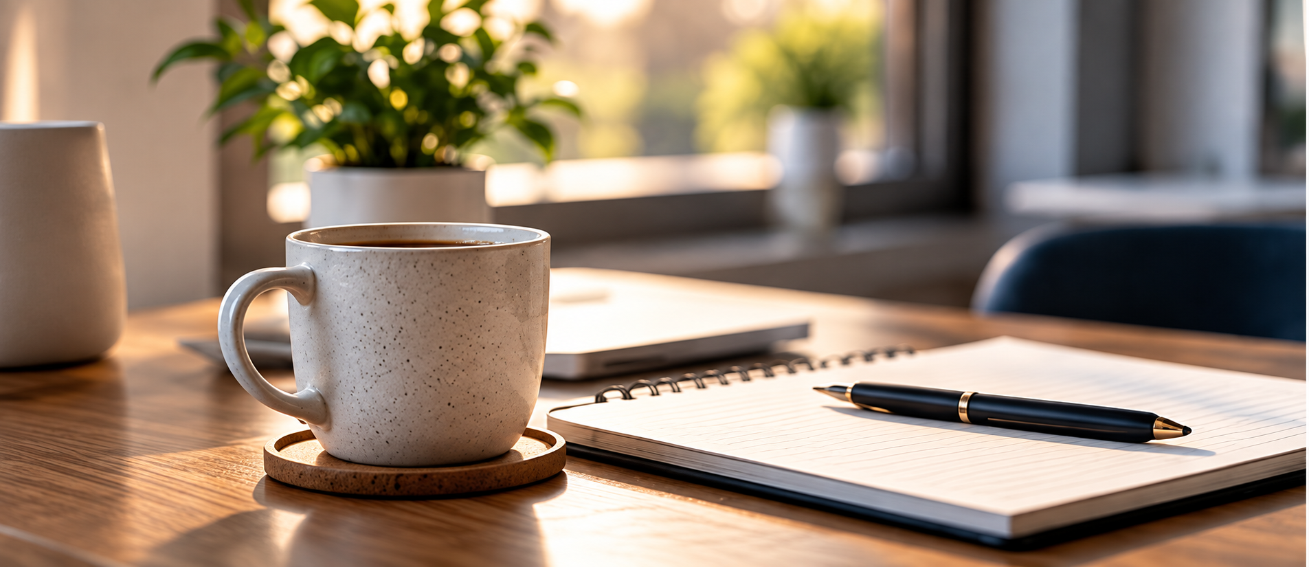 Notebook and coffee on a desk